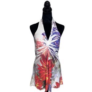 Vintage Yoyo Y2K long length bra/halter top tie neck floral print Stretchy 1X